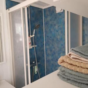 桑讷菲尤尔Lys og lettstelt leilighet med utsikt over byen的带淋浴、镜子和毛巾的浴室