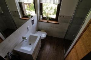 PilecChalupa Dejnowo的一间带水槽和卫生间的浴室以及窗户。