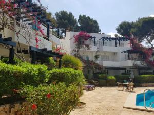 帕格拉Apartamentos Los Tilos的享有植物和游泳池的建筑景致