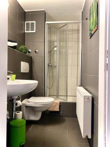 斯图加特M酒店的带淋浴、卫生间和盥洗盆的浴室