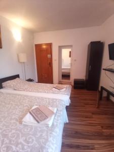 卡赞勒克Стаи за гости Алба的酒店客房带两张床,床上有一本书