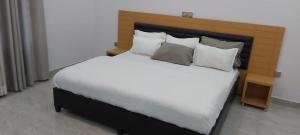 基加利Easternhillshotels&Spa的卧室配有一张带白色床单和枕头的大床。