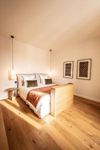 纳博讷Hôtel Le Mosaïque的一间卧室设有一张大床,铺有木地板