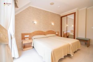 阿兰扎达Hotel Piñeiro 2 Estrellas Superior的一间卧室配有一张大床和镜子