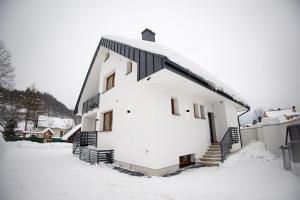 特尔乔夫Chalupa Martinček的一座白色的大建筑,地面上积雪