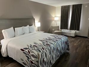 威尔克斯伯纳Red Roof Inn & Suites Wilkesboro的酒店客房带一张大床,带床罩