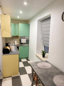 克拉科夫Apartament Osiedle Ogrodowe的厨房配有绿色橱柜和桌子