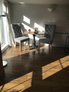 Rhuddlan花园套房公寓的客厅配有两把椅子、一张桌子和一扇窗户