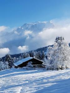 圣热尔韦莱班Saint-Gervais-les-Bains, Appartement 4 personnes的山前雪覆盖的谷仓