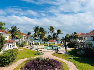 圣佩德罗美丽海岛游艇俱乐部的享有带游泳池和棕榈树的度假村景色