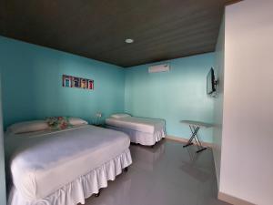 塔马林多Hotel Casa Carlota Tamarindo的蓝色墙壁客房的两张床