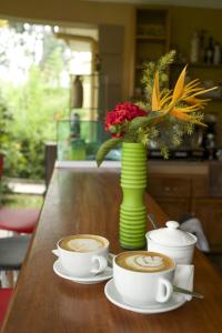 坎帕拉Olive Gardens Hotel Kampala的一张桌子,上面放着两杯咖啡和花瓶