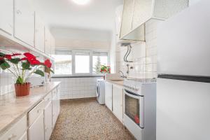 卡斯卡伊斯Happy Holiday Cascais - Home的白色的厨房配有白色家电和红色植物
