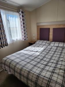 斯凯格内斯4 BEDROOMS CARAVAN at Waterside Leisure Holiday Park的一间卧室配有一张带铺着地毯的床和窗户。