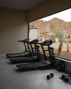 欧拉Sahary Al Ula Resort的靠窗边的一排健身椅