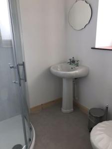 CreagorryTraditional Croft house的白色的浴室设有水槽和淋浴。