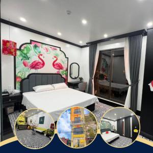 海防Song Kim Hotel的酒店客房带一张床,卧室带一张床,房间带一张床。