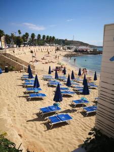 莱乌卡Villa Teresa的海滩上一群蓝色沙滩椅和遮阳伞