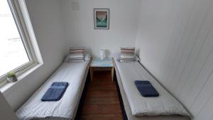MefjordværCozy Apartment between sea and mountains的带窗户的客房内的两张床