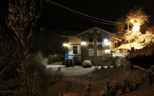 Pembes卡萨凯乐儿达酒店的雪覆盖的树木和灯光