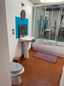 索勒尔堡« Le temps d’un instant » dépendance的浴室配有卫生间、盥洗盆和淋浴。