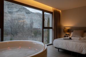阿尔卡拉德尔胡卡尔Almazara Suites的一间卧室设有浴缸和一张美景床。