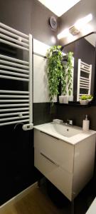 莫列马阿Appart Cosy Green, Océan, Golf, Piscine, Wifi的浴室设有白色水槽和镜子