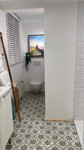 LasneLe Cottage的一间带卫生间的浴室和墙上的电视