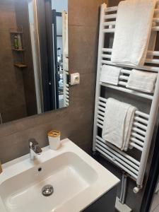 吕克瑟伊莱班Les Jonchères的浴室配有盥洗盆、镜子和毛巾