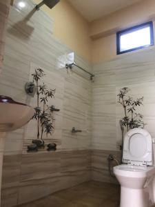 索拉哈Hotel Sweetland的带淋浴、卫生间和盥洗盆的浴室