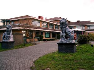 莱茵河畔阿尔芬东方酒店的一座建筑前的两只狮子雕像