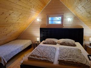 科乌切沃黑白山林小屋的阁楼卧室设有两张床和窗户。