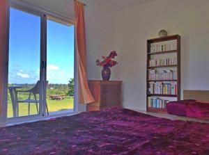 贝隆布尔Bel ombre's Panoramic view的一间卧室,配有书架和花瓶