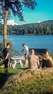 EskilsbyÉvika boutique hotel的一群人坐在湖边的野餐桌旁