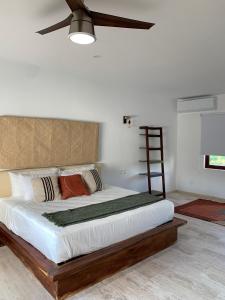 锡瓦塔塔内霍Luana suites- Suite Koya的一间卧室配有一张大床和吊扇