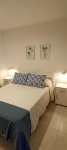 GualeguaychúALOJAMIENTO LA ESTACIÓN的一间卧室配有一张带蓝白色枕头的大床