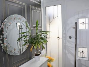 莫克姆112 Balmoral Road的浴室设有镜子和台面上的植物