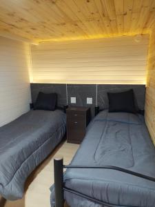 拉安戈斯图拉镇Los Rododendros的客房设有两张床和木制天花板。