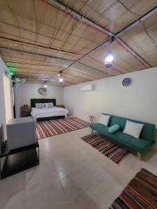 Al WāşilAl Khamail Land for Greenhostel的客厅配有绿色沙发和床。