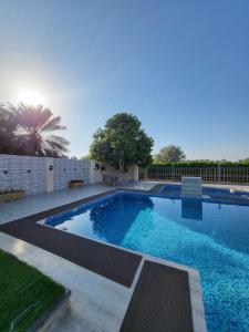 Al WāşilAl Khamail Land for Greenhostel的庭院里的一个蓝色海水大型游泳池