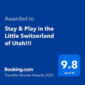 德雷珀Stay & Play in the Little Switzerland of Utah!!!的手机的屏幕,带有文字升级以保持播放状态