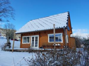 梅德巴赫Home in Wissinghausen with Private Sauna的一座带雪盖屋顶的小木屋