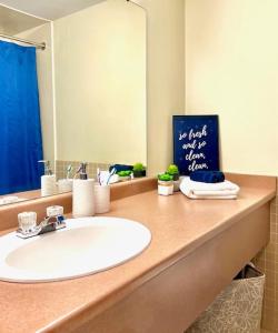 萨尼亚Residence & Conference Centre - Sarnia的浴室的柜台设有水槽和镜子
