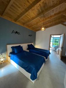 Manolya villa的一间卧室配有两张带蓝色棉被的床