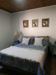 蒂格雷Casita Casa con parque, estacionamiento y pileta en Tigre的卧室配有一张床,墙上挂有两张照片