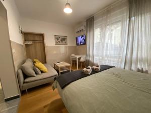 萨格勒布Grey Suites的一间卧室配有一张床、一张沙发和一台电视。