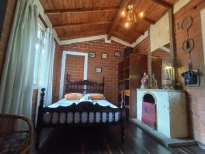 瓜尔内Biohotel Ecohouse的一间卧室配有一张床和一个壁炉