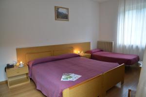科马诺泰梅Hotel Bel Sit的一间卧室配有两张紫色床单