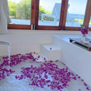 伊尼扬巴内Mar-Me-Quer, Eco Beach Retreat的浴室内有紫色花卉,设有水槽