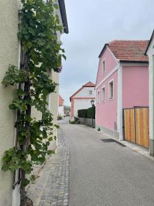 杜伦斯坦Altes Winzerhaus in der Wachau - neu renoviertes Haus mit Terrasse的一条狭窄的街道,有粉红色的房子和常春藤